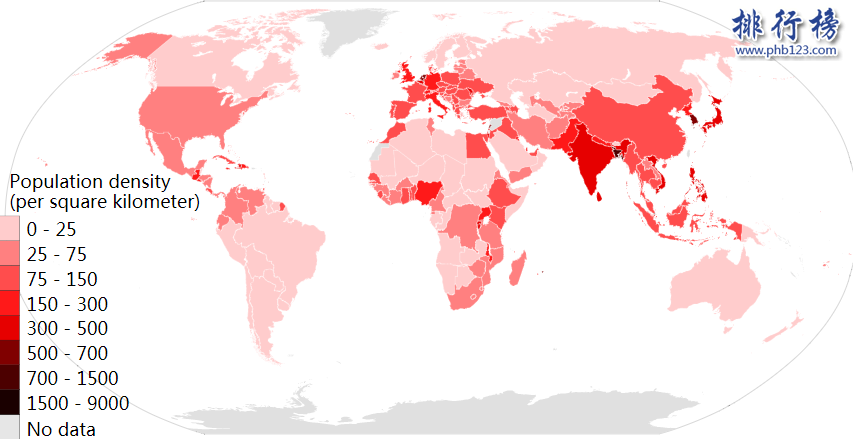 全球人口密度国家排名，世界国家人口密度排名2018