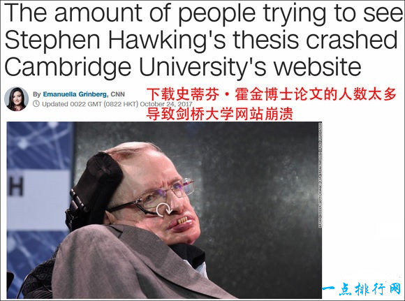 霍金公开博士论文 最牛论文致使剑桥大学网站崩溃