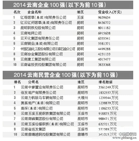 2014年云南省企业100强排行榜