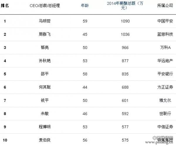 2015内地上市公司CEO年薪排行