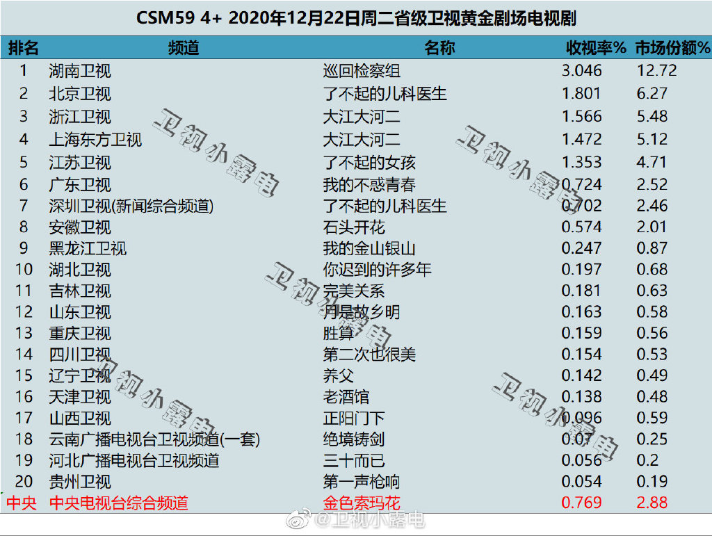 2020年12月22日CSM59城电视剧收视率排行（巡回检察组、了不起的儿科医生