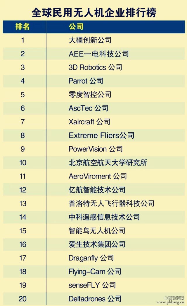 2015年全球民用无人机企业排行榜