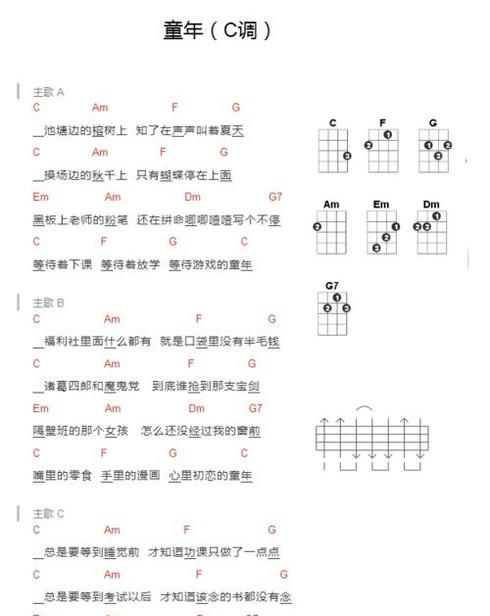 尤克里里新手入门谱子《童年》