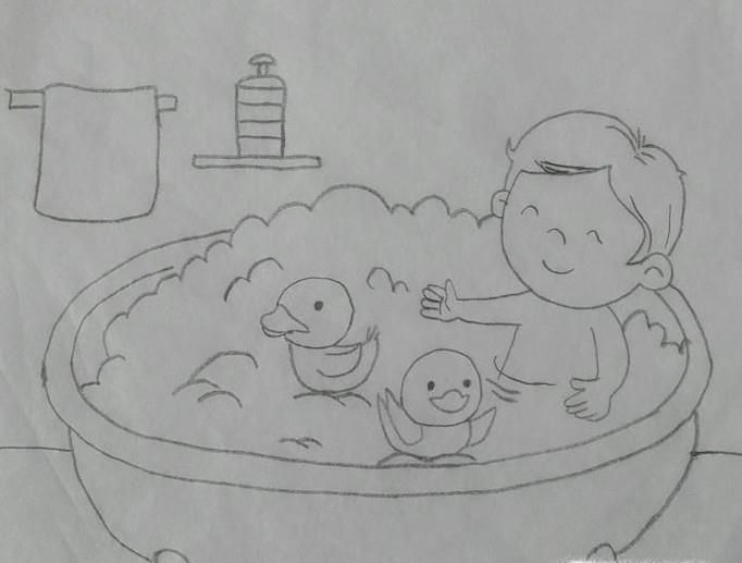 如何画洗澡的小男孩的简笔画